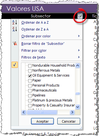 Bolsa filtro subsector Bolsa filtro subsector