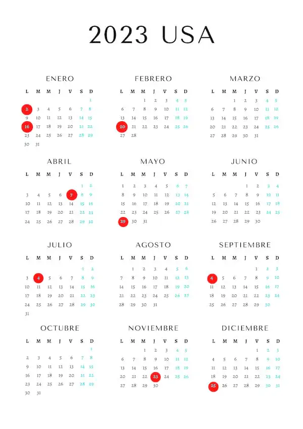 Calendario Anual 2023 USA