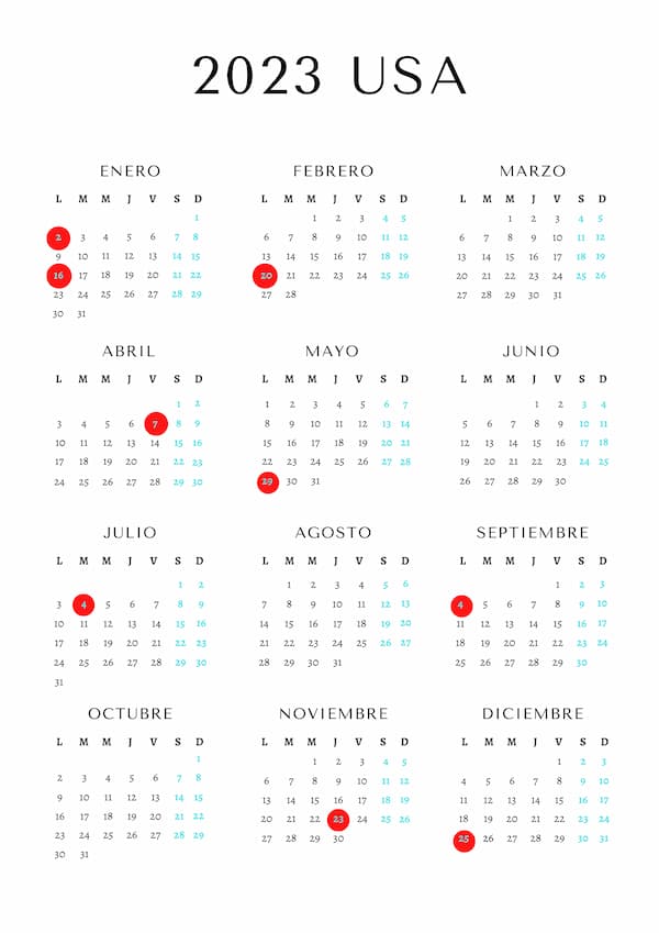 Calendario Anual 2023 USA