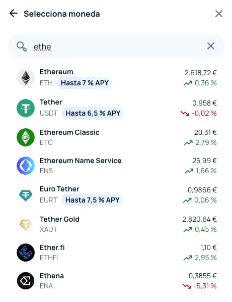 Seleccionar criptomoneda en Bit2Me